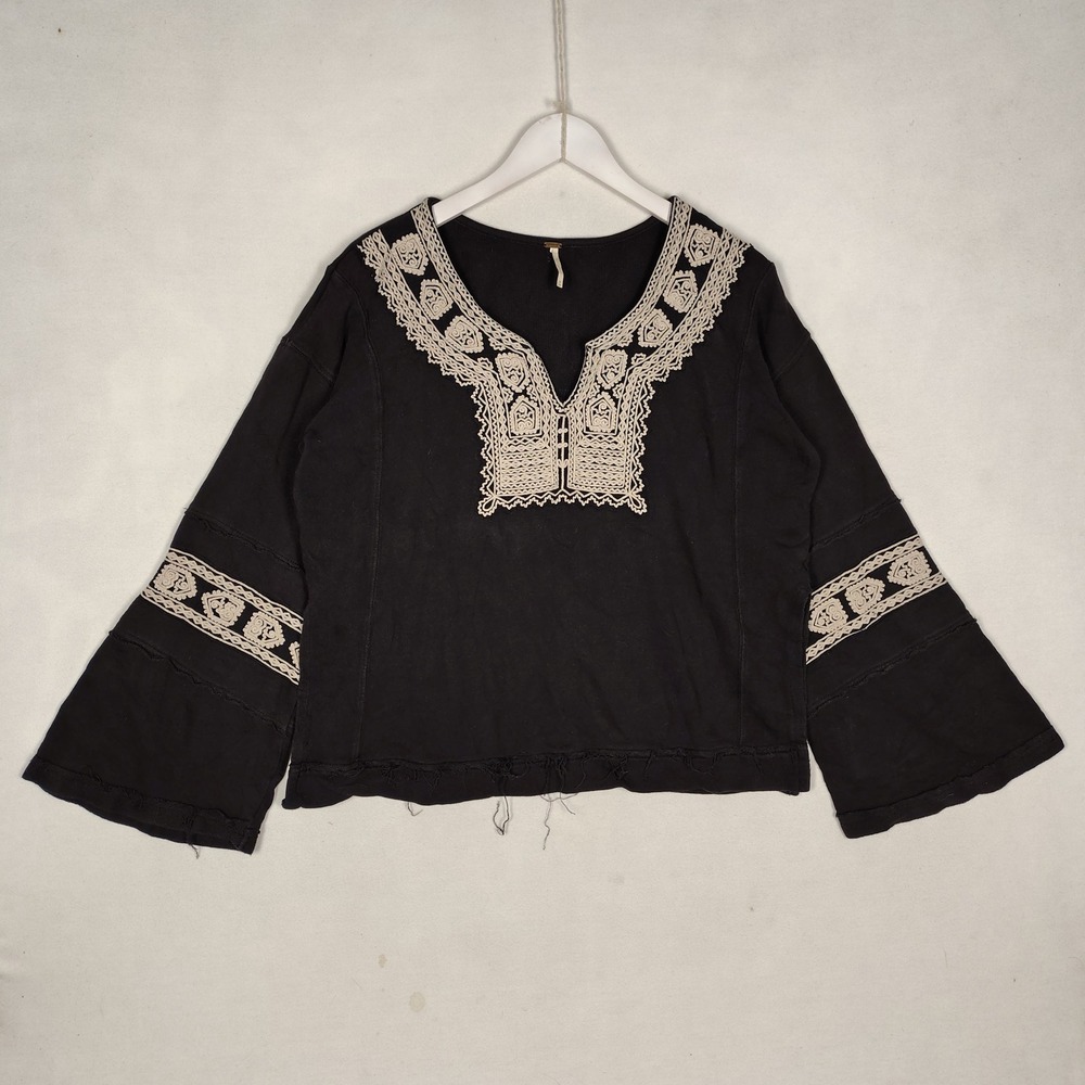 Free People Black Embroidered Bell Sleeve Cotton Sweatshirt Top Medium